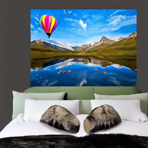 Image similar to photo of two black swans touching heads in a beautiful reflective mountain lake, a colorful hot air balloon is flying above reflecting off water, hot air balloon, intricate, 8k highly professionally detailed, centered, HDR, CGsociety