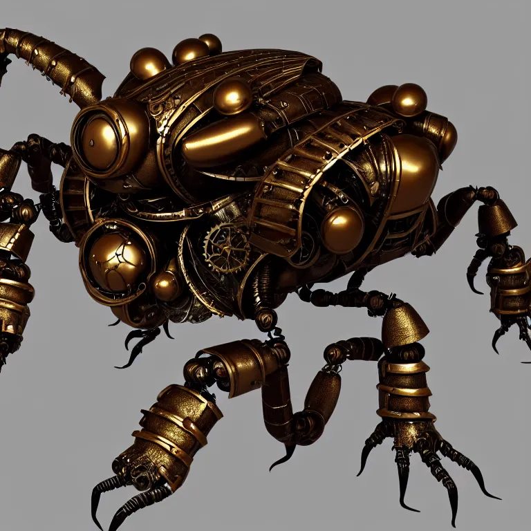 Image similar to steampunk robot scorpion, 3 d model, unreal engine realistic render, 8 k, micro detail, intricate, elegant, highly detailed, centered, digital painting, artstation, sharp focus