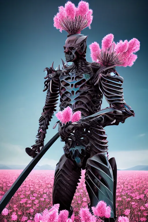 Prompt: hyperrealistic neo - gothic muscular human chimera hybrid, exoskeleton armor, holding katana, standing in a field of pink flowers, highly detailed smooth concept art masterpiece, vitaly bulgarov giger dramatic dark teal light, ground angle hd 8 k, sharp focus