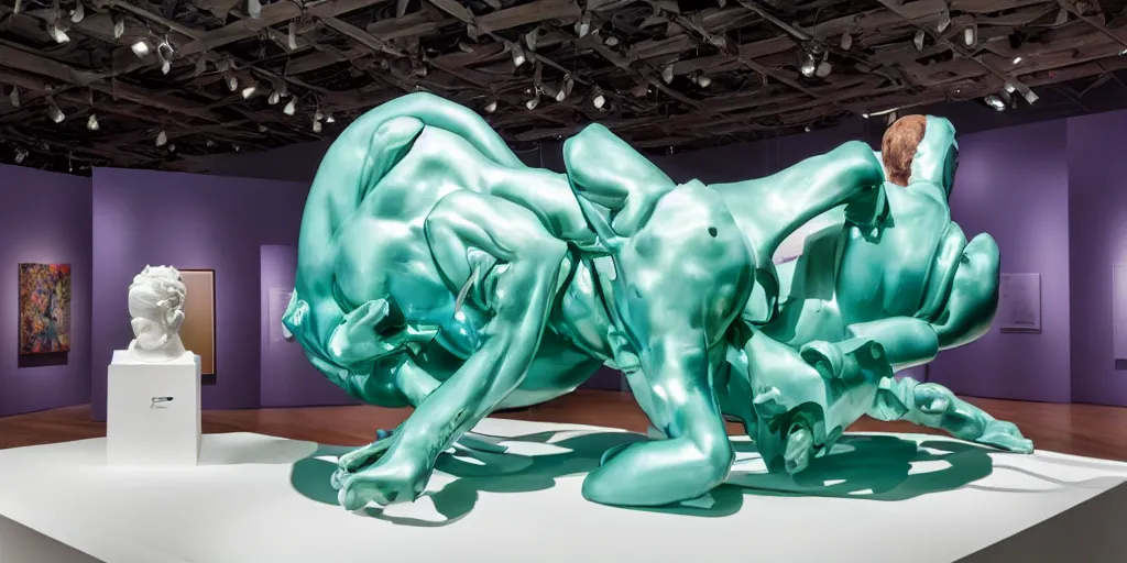 Prompt: jeff koons sculpture displayed in an art exhibit