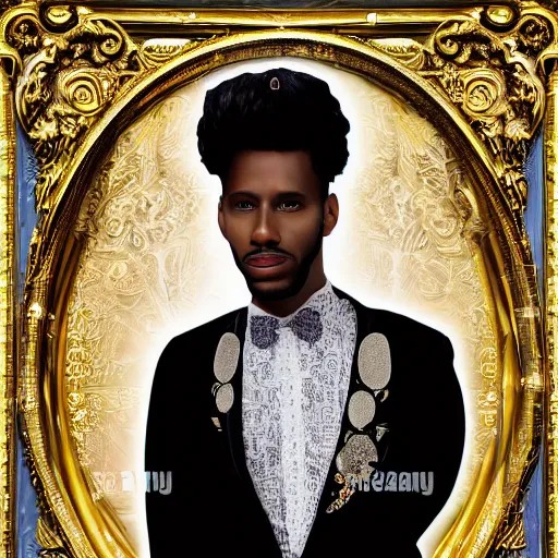 Image similar to hyperdetailed maximalist elaborate half - lenght portrait of a futuristic a beautiful black man, wearing long clothing. rococo architecture, in the style of modigliani and mixed media collage. matte background hd 8 x