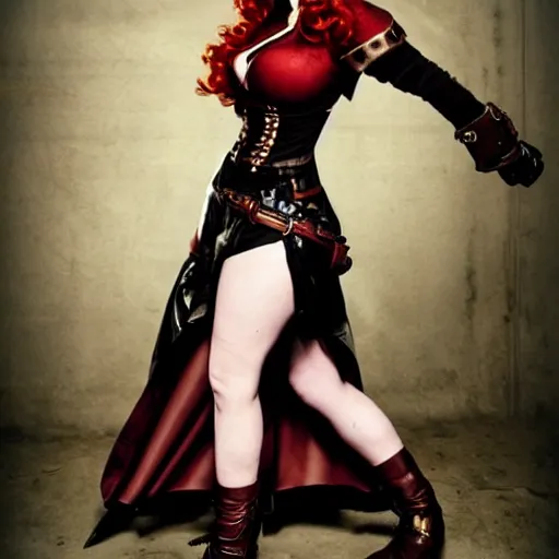 Image similar to full body photo of christina hendricks as a steampunk rogue warrior