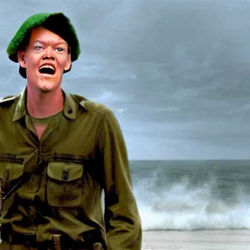 Image similar to photo realistic image of Matthew Lillard as shaggy from scooby doo, storming the beaches of Normandy in 1944, HD, high detail, photorealistic, Hollywood cinematic, Christopher Nolan