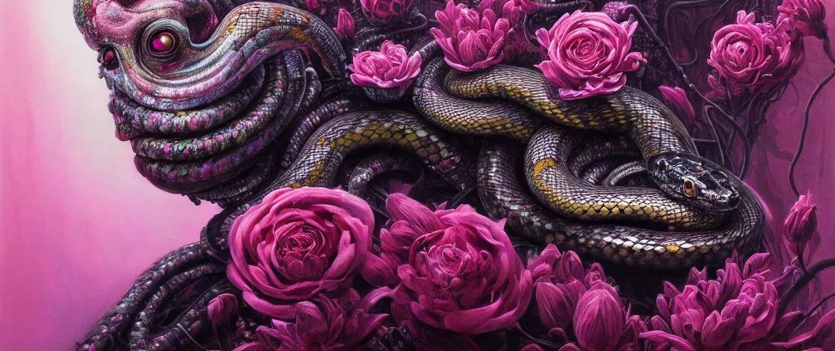 Prompt: hyperrealistic hyper detailed neo-surreal 35mm portrait of cyborg snake covered in gothic flowers matte painting concept art hannah yata dali very dramatic dark pink lighting low angle hd 8k sharp shallow depth of field