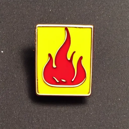 Image similar to a diamond enamel pin of a retro 1 9 8 0 s minimalistic flame fire warning label, smooth curves