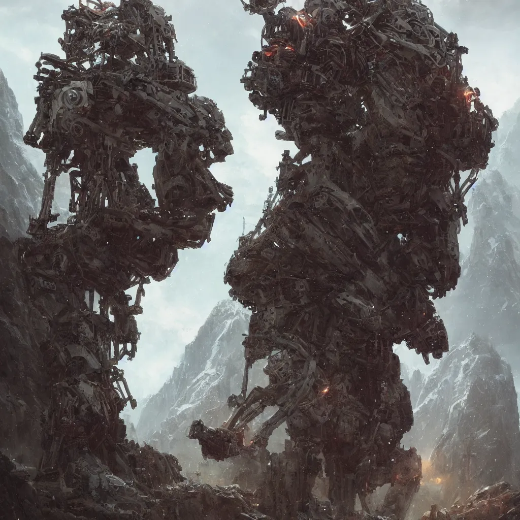 Image similar to a detailed portrait of a giant mechanical humanoid buried half way in the mountains by Greg Rutkowski, Sung Choi, Mitchell Mohrhauser, Maciej Kuciara, Johnson Ting, Maxim Verehin, Peter Konig, final fantasy, Marco lense , 8k photorealistic, cinematic lighting, HD, high details, atmospheric , trending on artstation