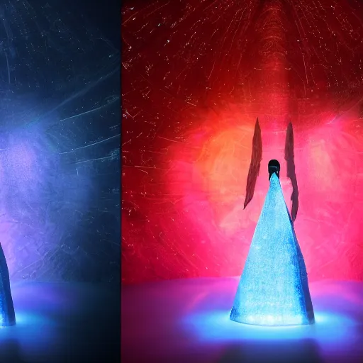 Image similar to A space wizard stand in front of giant, glowing crystal sits in the center of a dark room, Strange symbols line the walls, and a soft light glows from somewhere deep within the room, highly detailed, digital photo, HDRI, by christopher bretz and kael ngu, vivid colors, high contrast, 8k resolution, intricate, photorealistic, smooth, psychedelic color scheme, concept art, award winning, behance contest winner