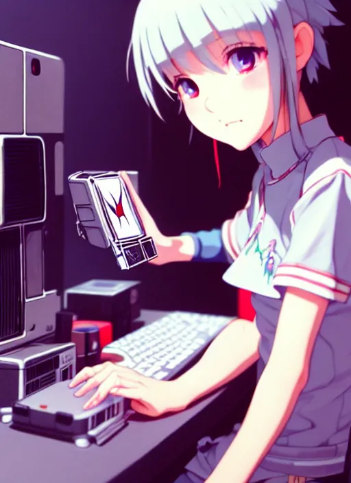 Image similar to a film still polaroid portrait of a young gamersgirl at a gaming pc, finely detailed features, perfect art, busy room, gapmoe yandere grimdark, trending on pixiv fanbox, focussed painted by ilya kushinov makoto shinkai takashi takeuchi studio ghibli, akihiko yoshida, sachin teng, huang guangjian, artstation