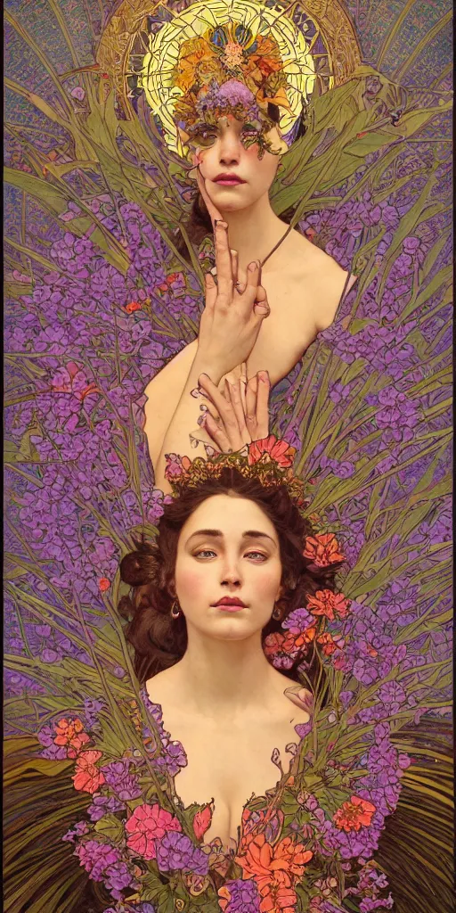 Image similar to a portrait painting of a singular beautiful female godess of spring, colorful flowers, holy geometry, tarot card style, by Mohrbacher and Moebius and Alphonse Mucha and Roger Deakins, cinematic lighting, masterpiece, golden ratio background, highly detailed, 8k resolution, trending on art station