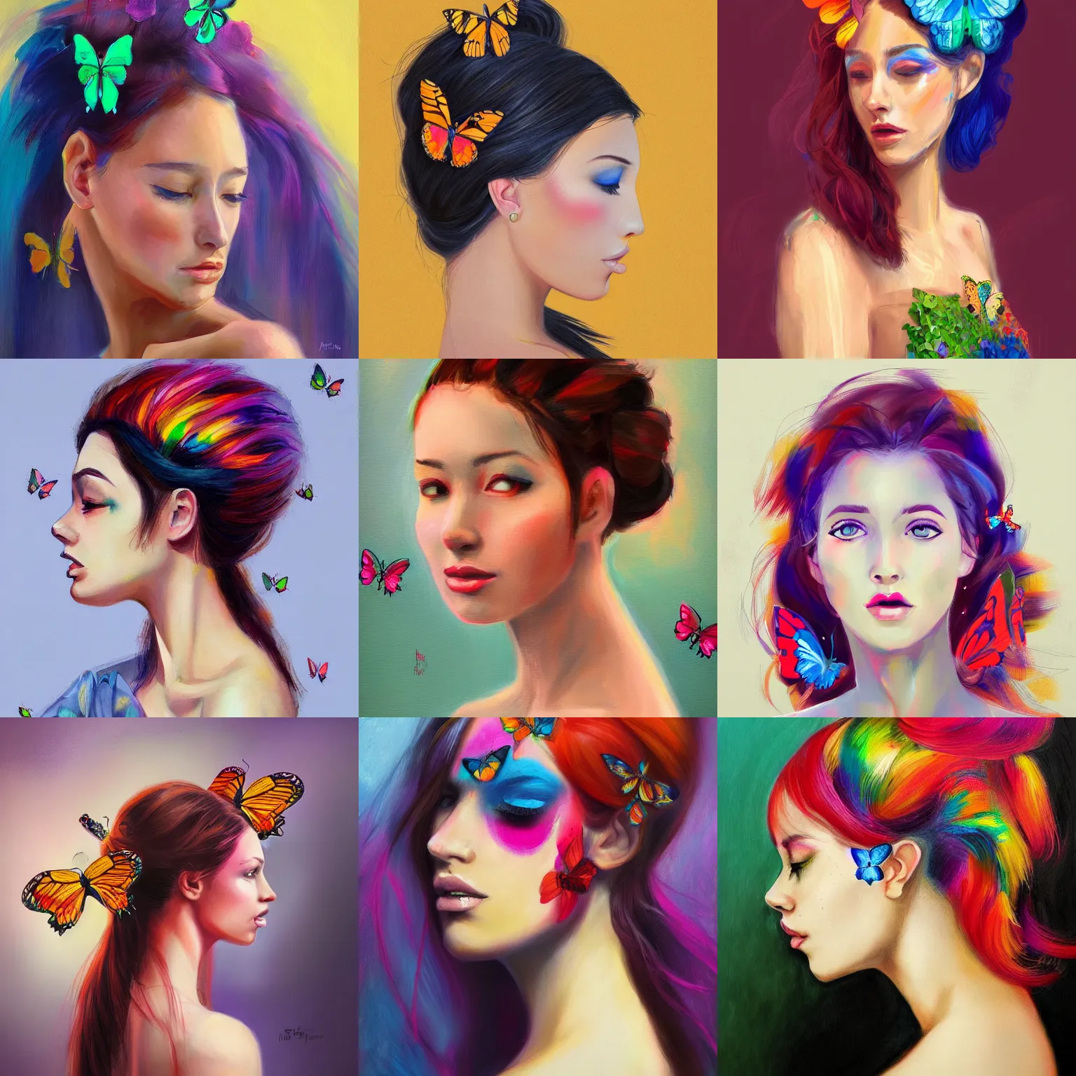 Prompt: A beautiful side portrait painting of a woman. Colorful butterflies emerge from her hair, covering almost all of her head. Trending on Artstation.