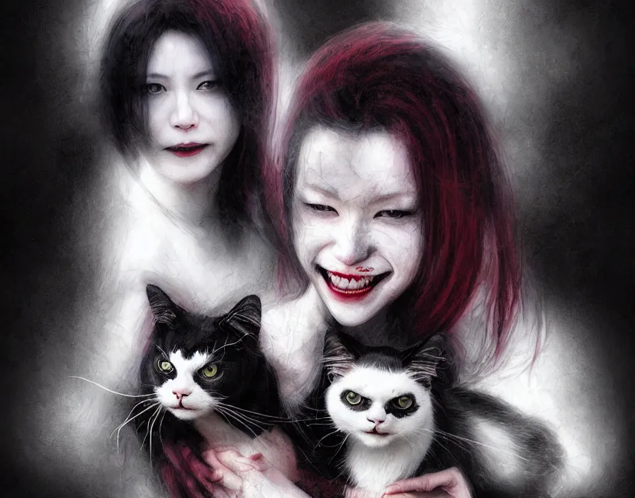 Prompt: portrait of the secretive vampire woman biker loner smiling at her cat, by yoshitaka amano, casey baugh, steve caldwell, gottfried helnwein, yasunari ikenaga, nico tanigawa, and artgerm rendered with 3 d effect.