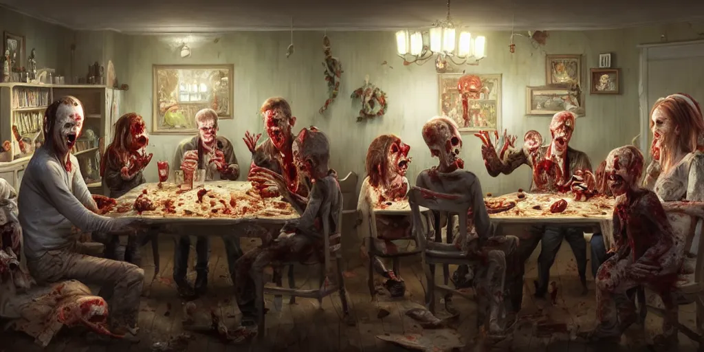 Image similar to a zombie family christmas diner, wide angle, super highly detailed, professional digital painting, artstation, concept art, smooth, sharp focus, no blur, no dof, extreme illustration, unreal engine 5, photorealism, hd quality, 8 k resolution, cinema 4 d, 3 d, beautiful, cinematic, art by greg rutkowski. by james gurney