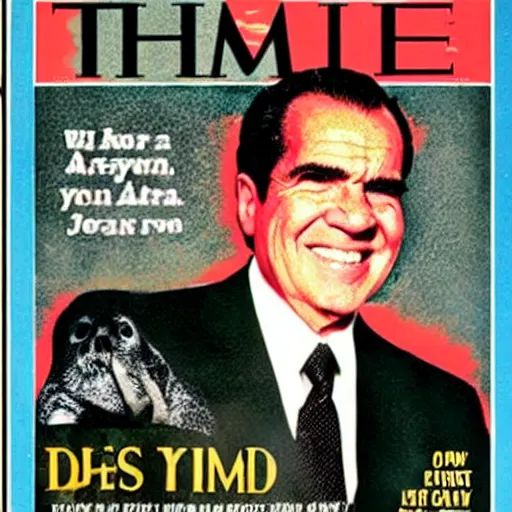 Prompt: Richard Nixon joyfully clubbing seals, photojournalism, cover of time magazine