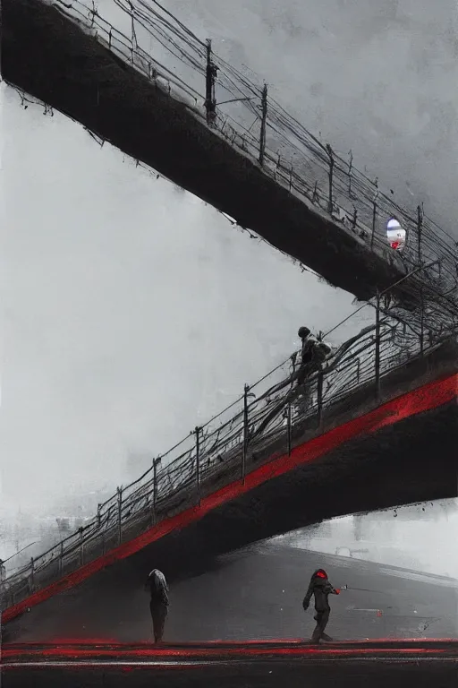 Prompt: Lonely homeless stalker walks across the bridge, over infinite soviet negastructure. Top down view. By jakub Różalski, detailed, hyper realistic, trending on artstation