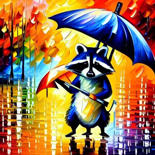 Image similar to raccoon with umbrella in the rain, by leonid afremov