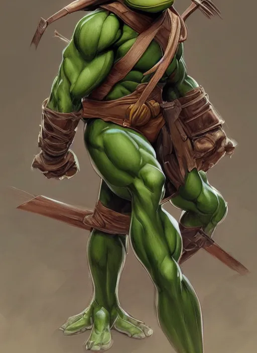 Image similar to elegant renaissance concept art of a male young muscular teenage mutant ninja turtle 1 9 9 0 film, full figure dynamic fighting pose, fantasy, intricate, highly detailed, digital painting, artstation, smooth, sharp focus, illustration, art by artgerm and greg rutkowski and alphonse mucha
