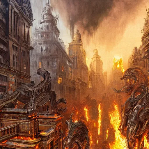 Prompt: giant quadruped creature walking through the center of a burning city, extreme detail, abstract realism, highly ornate intricate details, 1 9 2 0's colored pencil, 4 k, cinematic lighting,
