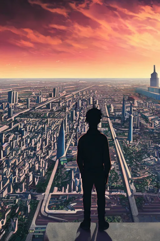 Image similar to Man in black adidas tracksuit looking atop of a urban plateau filled with soviet apartment buildings, golden hour, dreamy, beautiful clouds, ultra detailed, beautiful lighting, windy, 8k, wallpaper, cityscape, beautiful artwork by Makoto Shinkai