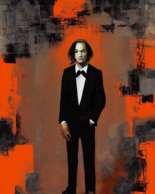 Prompt: frank dillane in a black and orange tuxedo, shy, adorable, seductive, sexy, intricate, digital painting, old english, whimsical background by marc simonetti, artwork by liam wong