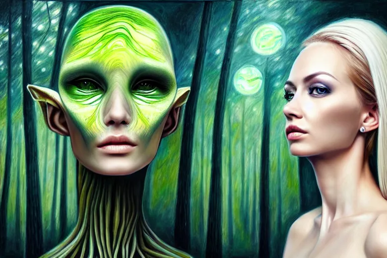 Image similar to realistic detailed portrait painting of a beautiful ghost woman with blond hair with an alien, futuristic sci-fi forest on background