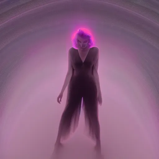 Image similar to long Shot of psychedelic Marilyn Monroe standing in misty chromatic astral temple , stylish, lsd, soft, trending on artstation, cinematic, artwork by WLOP