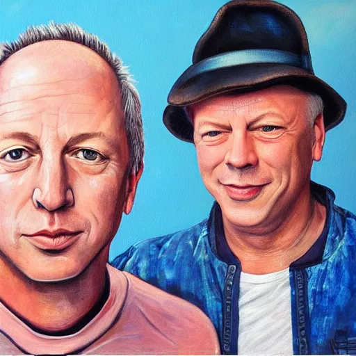 Prompt: portrait of mark knopfler with david gilmour, joyful, highly detailed painting by akira toriyama, 8 k