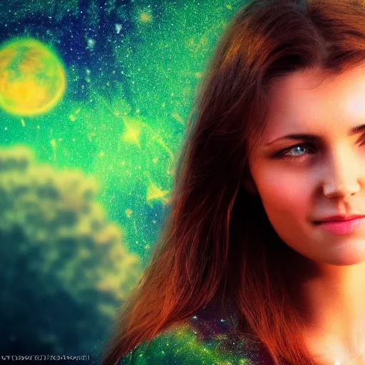Prompt: an hd photo of a young woman with medium brown hair and green eyes. background of beautiful trees and night sky with colorful stars and galaxies, trending on artstation