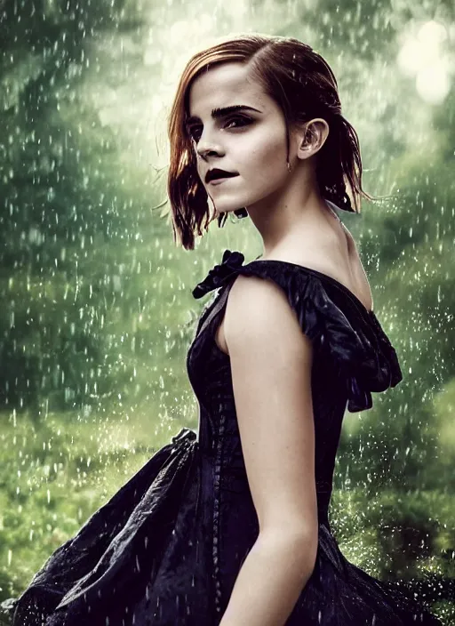 Image similar to Emma Watson for Victorian Secret, perfect face, hot summertime goth in the rain, full length shot, XF IQ4, 150MP, 50mm, f/1.4, ISO 200, 1/160s, natural light, Adobe Photoshop, Adobe Lightroom, DxO Photolab, Corel PaintShop Pro, rule of thirds, symmetrical balance, depth layering, polarizing filter, Sense of Depth, AI enhanced