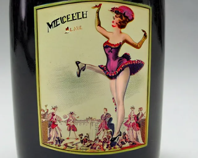 Image similar to vintage, melchizedek champagne bottle. cancan girl dancing, french, realistic, cheerful, belle epoque, absinthe robette