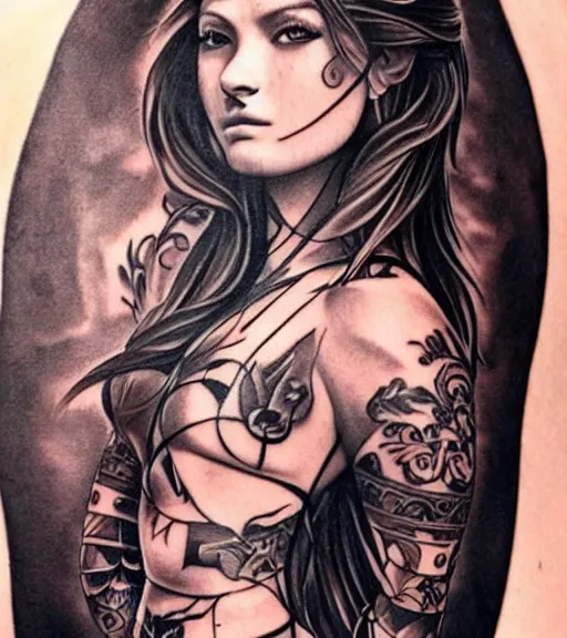 Image similar to tattoo design on white background of a beautiful girl warrior, hyper realistic, realism tattoo, inspired by eliot kohek