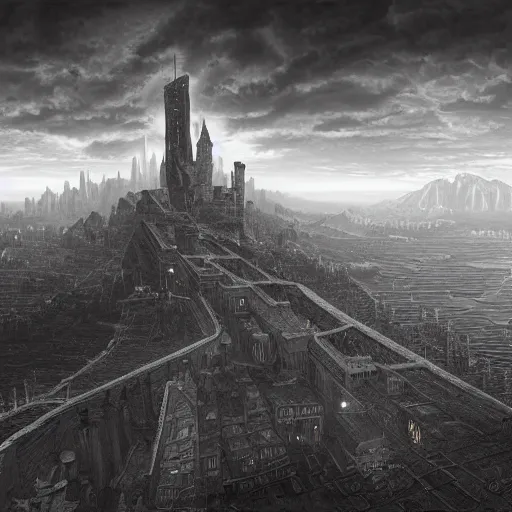 Image similar to an ultra detailed matte painting of a lonely and impossibly tall ominous dark tower elevated high above the city, on an isolated plateau island in a river elevated high above the city fortress tower, fantasy capital city, ultrawide lense, aerial photography, volumetric lighting, exquisite detail, 8 k, art by m. c. escher and greg rutkowski and alphonse mucha