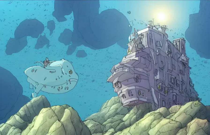 Image similar to a realistic cell - shaded cartoon from howl's moving castle ( 2 0 0 4 ) showing a white pristine pyramid underwater at the bottom of the sea. a submarine is in the ground and shafts of sunlight come from above. wide shot, very dull muted colors, hd, 4 k, hq