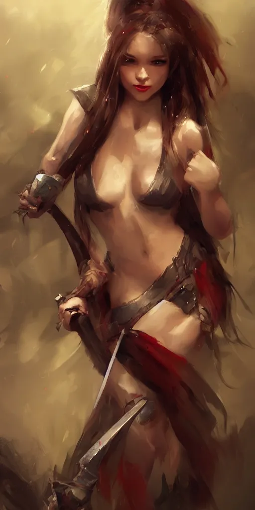 Image similar to beautiful girl posing, holding two swords. by wlop. artstation contest winner, cinematic paint.