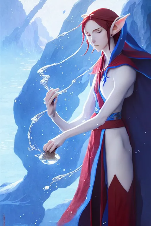 Image similar to elf female sorcerer doing water magic spells, blue robes, red hair, finely detailed perfect face, exquisite details, mid view, design on a white background, by studio muti, greg rutkowski makoto shinkai takashi takeuchi studio ghibli