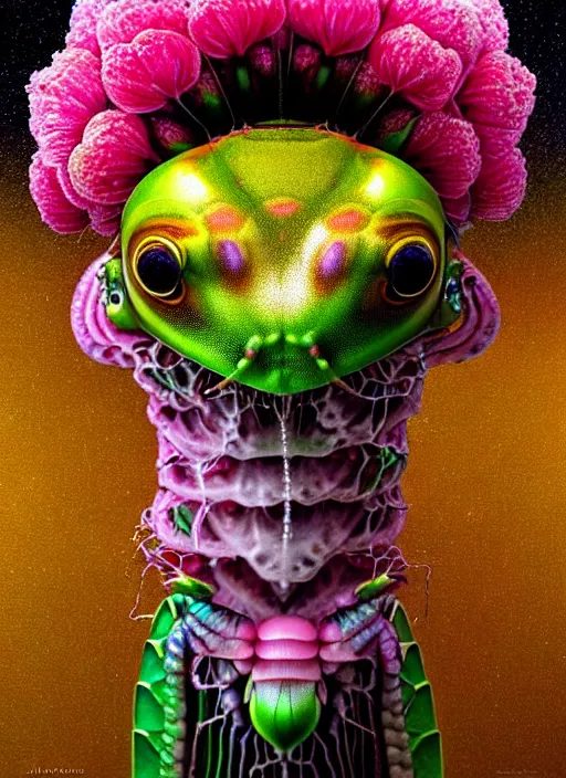 Image similar to hyper detailed 3d render like a Oil painting - kawaii portrait Aurora (gold haired Singer Praying Mantis Dragonfly bug faced) seen Eating of the Strangling network of yellowcake aerochrome and milky Fruit and Her compund eyes delicate Hands hold of gossamer polyp blossoms bring iridescent fungal flowers whose spores black the foolish stars by Jacek Yerka, Mariusz Lewandowski, Houdini algorithmic generative render, Abstract brush strokes, Masterpiece, Edward Hopper and James Gilleard, Zdzislaw Beksinski, Mark Ryden, Wolfgang Lettl, hints of Yayoi Kasuma, octane render, 8k