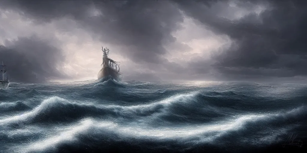 Image similar to a detailed beautiful matte painting of a ship on a stormy ocean by Mikko Lagerstedt and Raphael Lacoste