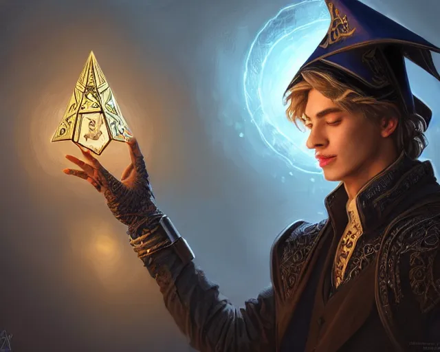 Image similar to a mind - blowing portrait of a young shadow mage male, wearing a vest with diamond pattern, wearing a wizard hat, joyful, d & d, fantasy, intricate, elegant, highly detailed, digital painting, artstation, concept art, matte, sharp, illustration, hearthstone, art by artgerm and greg rutkowski and alphonse mucha