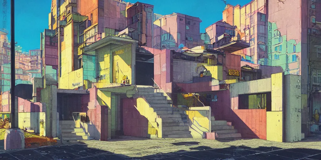 Image similar to neo brutralism, concrete housing, an archway, concept art, colorful, vivid colors, sunshine, light, shadows, reflections, oilpainting, cinematic, 3D, in the style of Akihiko Yoshida and Edward Hopper