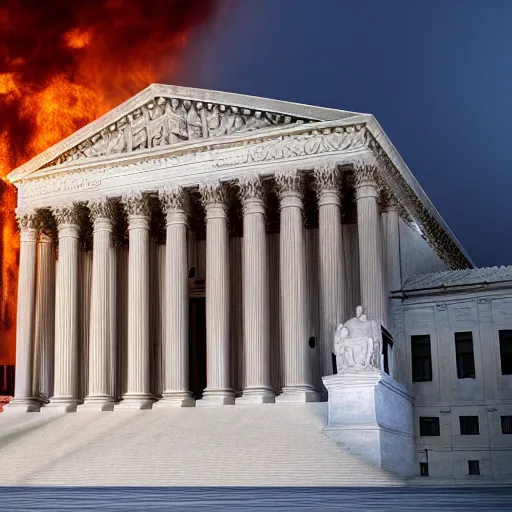 Image similar to Supreme court burning down photo, 8k hyperrealistic