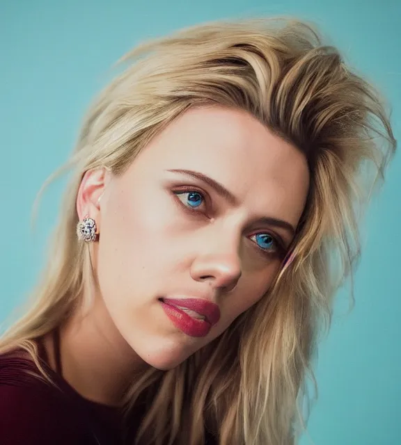 Image similar to beautiful portrait photo of Scarlett Johansson, slight smile, 85mm, teal studio backdrop