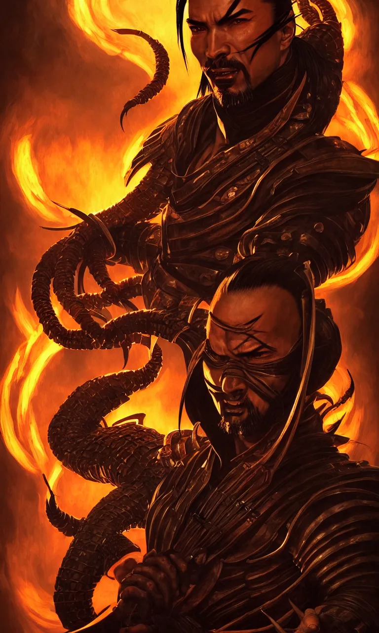 Image similar to portrait of hanzo hasashi scorpion from mortal kombat in the gates of hell, full body shot, highly detailed dramatic lighting, artstation, atmospheric perspective, artgerm, mk ninja, epic ninja suit, by lee bermejo, alphonse mucha and greg rutkowski