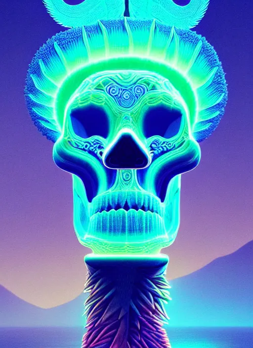 Image similar to 3 d totem portrait, sigma 5 0 0 mm f / 5. global illumination beautiful intricate highly detailed quetzalcoatl skull and feathers. bioluminescent, plasma, lava, ice, water, wind, creature, thunderstorm! artwork by tooth wu and wlop and beeple and greg rutkowski, 8 k trending on artstation,