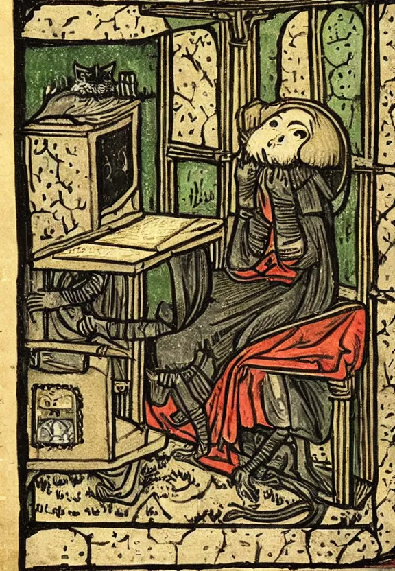 Image similar to [Grim medieval illustration of a cat watching youtube on a computer]