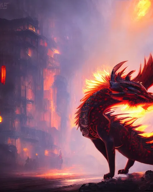 Prompt: oil painting of fire Fox chinese dragon hybrid, sharp focus, fantasy style, steampunk city background, octane render, volumetric lighting, 8k high definition, by greg rutkowski, highly detailed, trending on art Station, explosions,