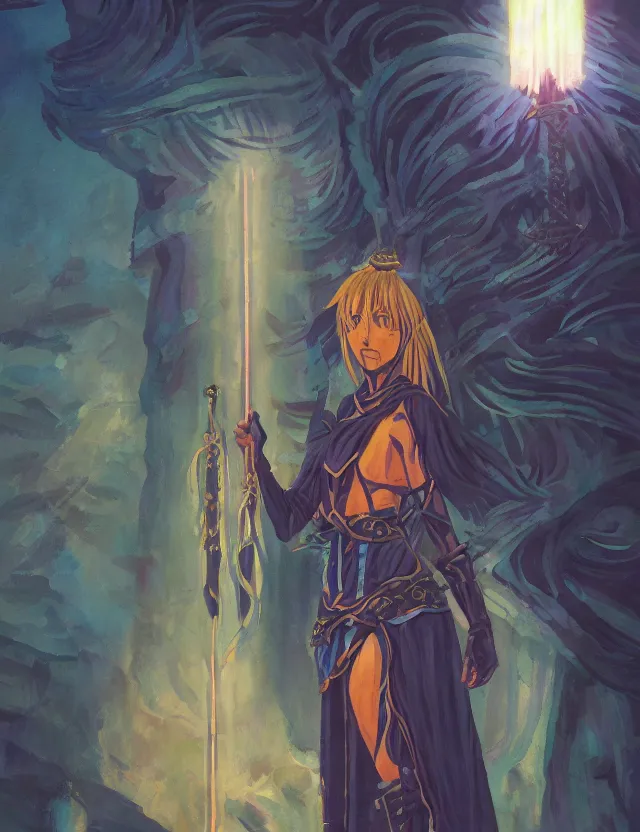 Image similar to priestess of the steel hills. gouache painting by the award - winning mangaka, bloom, chiaroscuro, backlighting, depth of field.