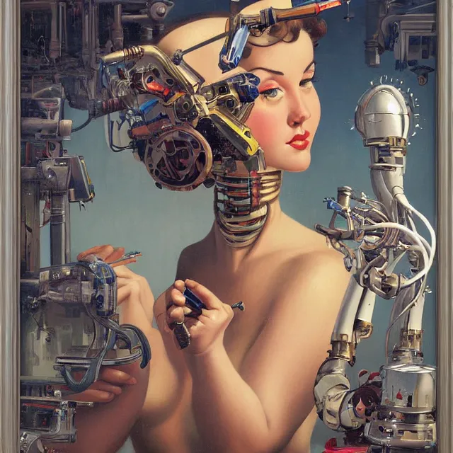 Image similar to robot artist painting a self - portrait on a canvas. intricate, highly detailed, digital matte painting in the style of gil elvgren and in the style of sachin teng and in the style of h. r. giger. irony, recursion, inspiration.