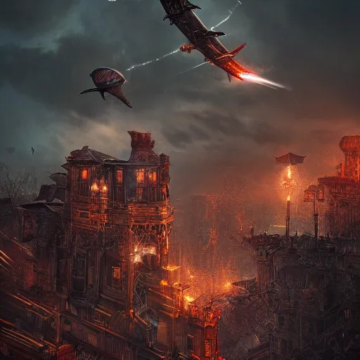 Image similar to a flying steampunk fortress, intricate, behrens style, octane render, fantasy digital art, beautiful composition, trending on artstation, night, meteors, lightning!!! storm, dramatic lighting, red glow, eldritch