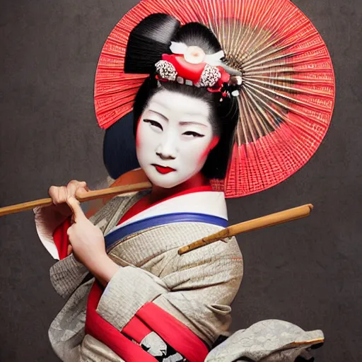 Image similar to geisha as a samurai, in battle, advertising photography