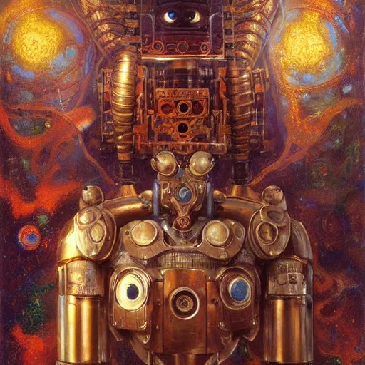 Prompt: highly detailed portrait of a robotic humanoid dmt entity mecha, painting by gaston bussiere, craig mullins, j. c. leyendecker, lights, art by ernst haeckel, john william godward, hammershøi, alex grey, dmt