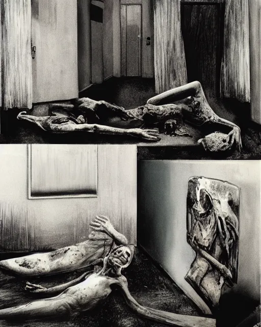 Image similar to realistic detailed overhead image of a dead old couple and stray dog in style of Francis Bacon and Willem de kooning, interior room with a pool of blood and stray dog barking, messy living room. Art by Henry Clarke, Still from 1982 movie The Thing. Beksiński Masterpiece